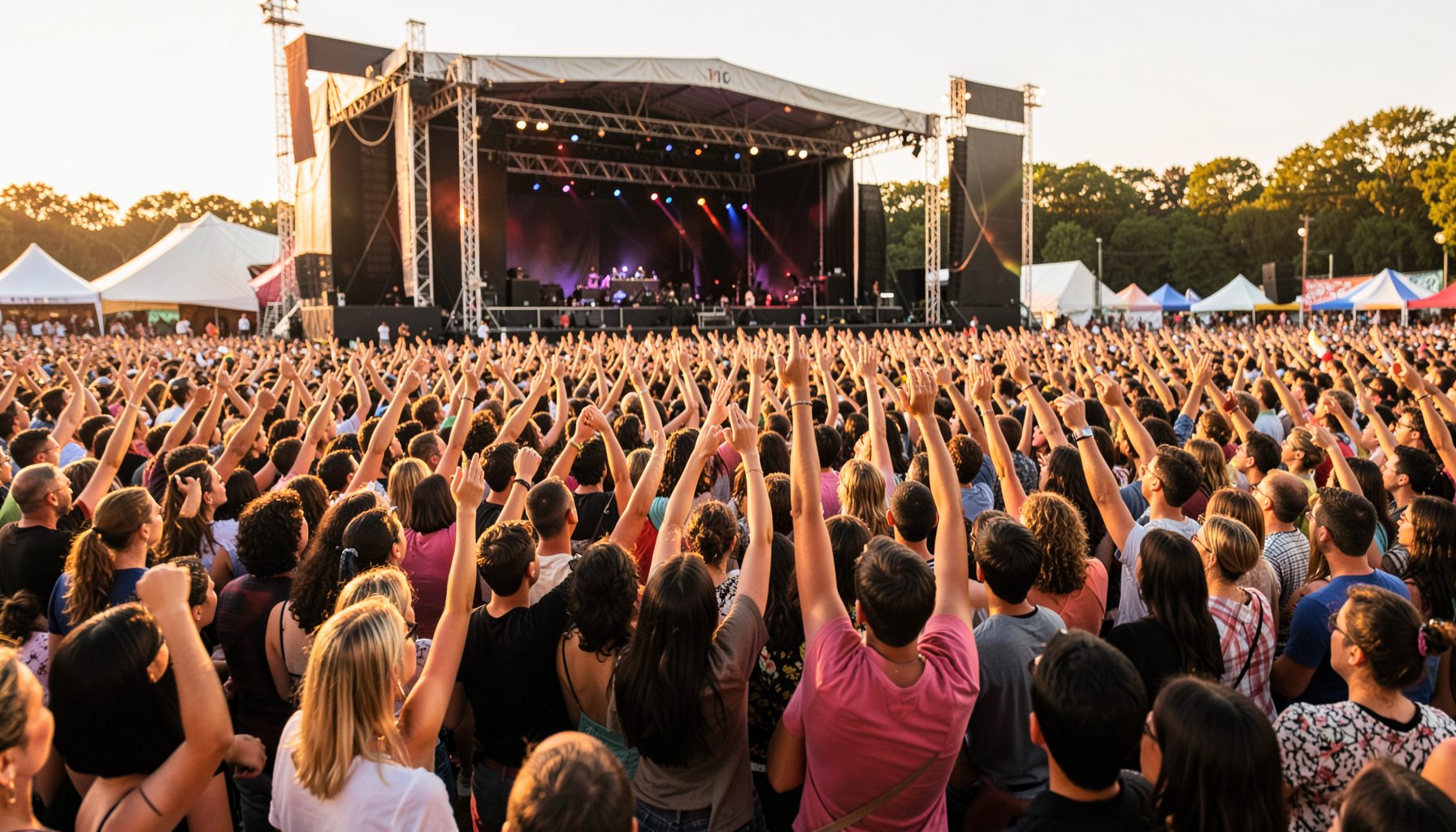 Wide crowd shot at an outdoor festival, warm golden-hour light, hands raised toward the stage