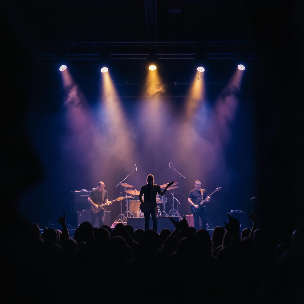 A vertical portrait-oriented image with a dark stage-lit background in deep blues and purples, featuring a subtle silhouette of a rock band on stage with warm amber spotlights, conveying the energy of a live performance.