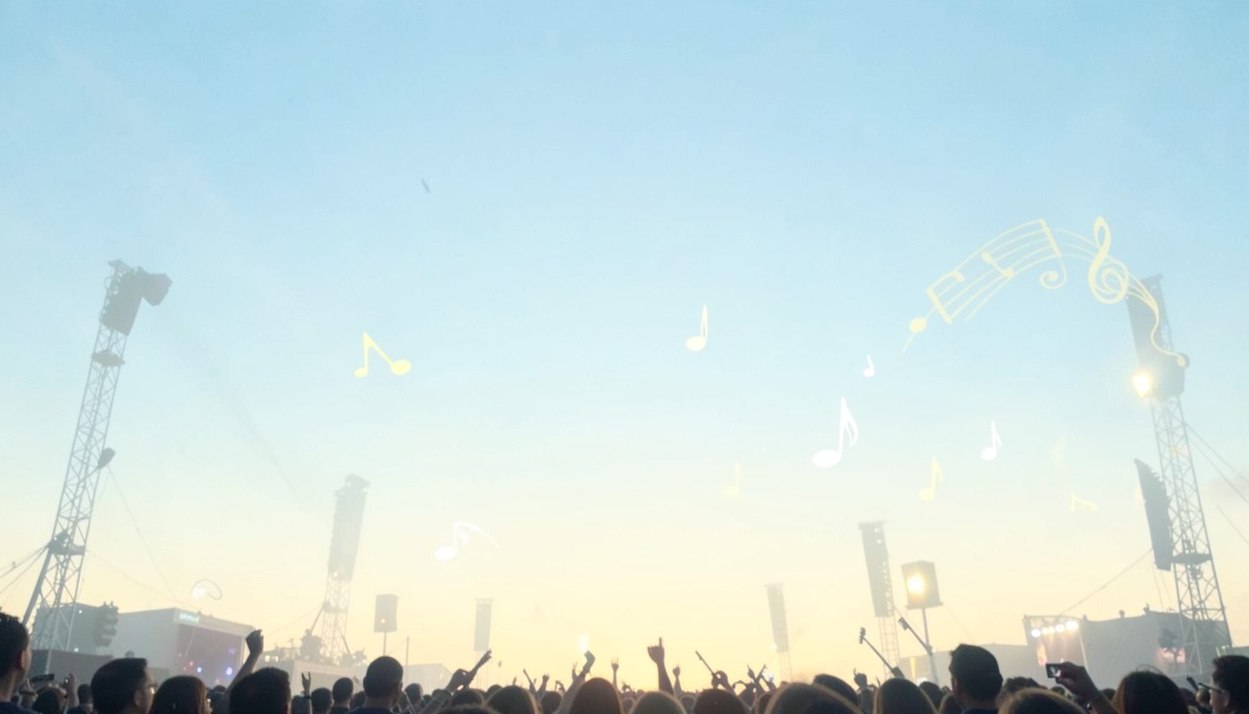 A wide banner with a pale sky-blue gradient fading into soft cream at the bottom, suggesting a hazy outdoor festival sky with faint silhouettes of stage lighting rigs and subtle floating musical note shapes in white and pale yellow, evoking a relaxed rock-concert atmosphere.