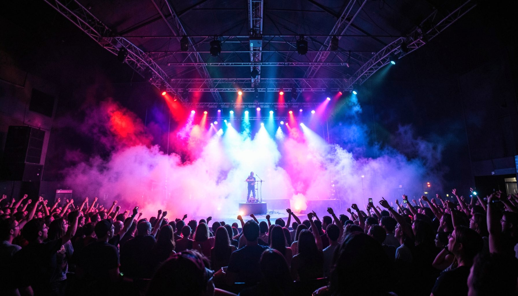 Full band shot from the photo pit, wide-angle view, colorful stage lights and fog