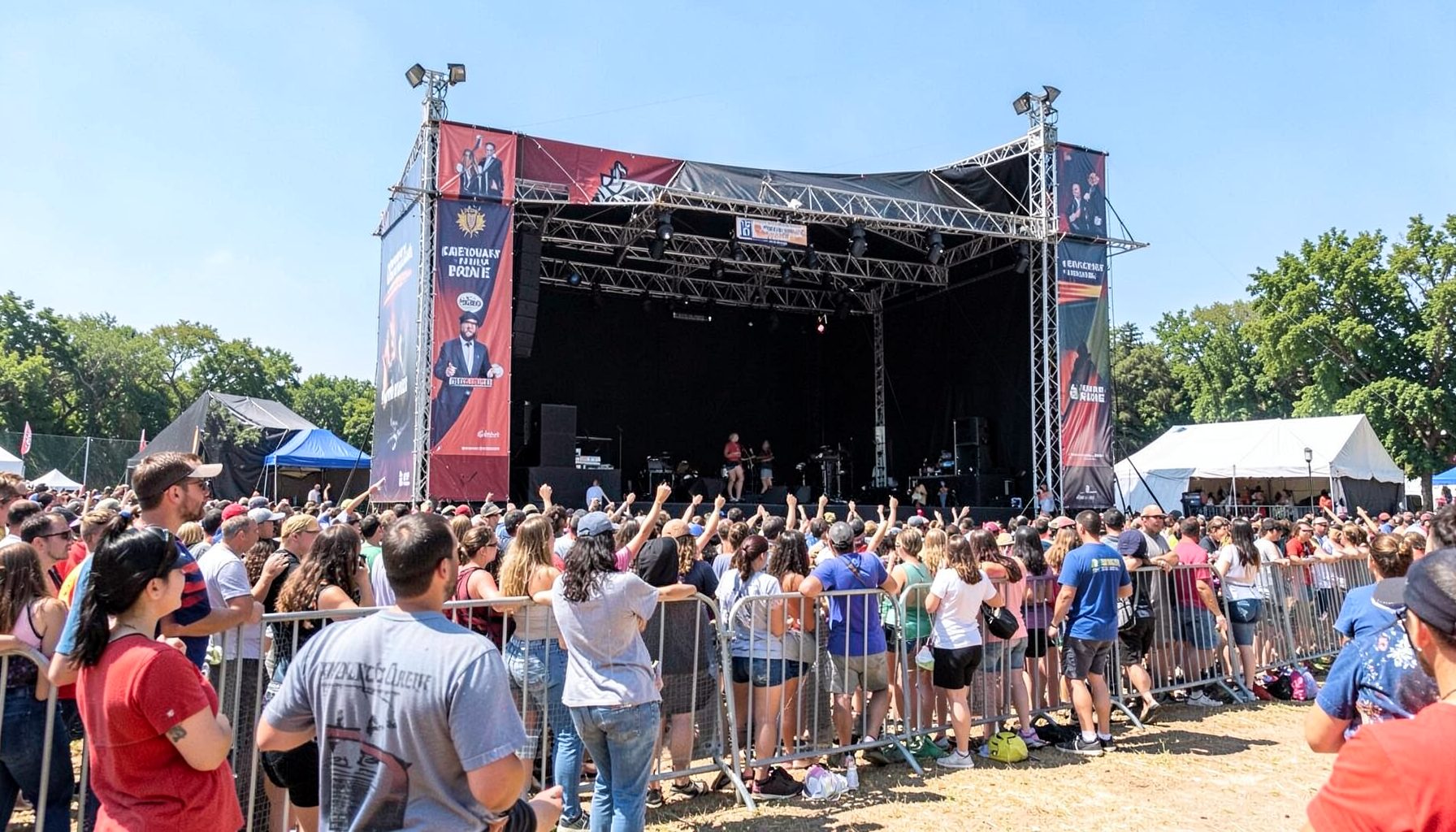 Outdoor festival stage with large banners, bright midday sun, crowd gathered at the barrier