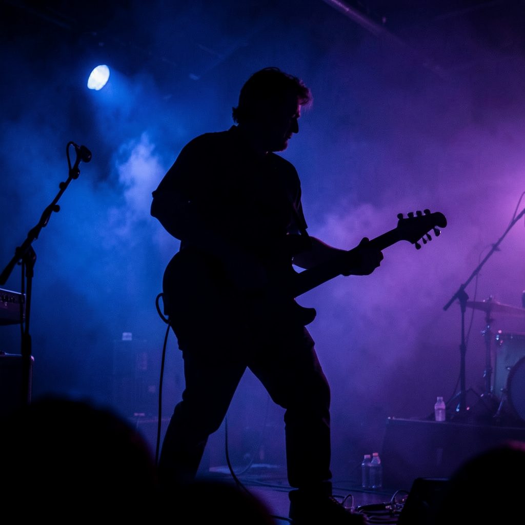 Silhouetted rock guitarist on a dimly lit stage with deep blue and violet wash, atmospheric and powerful