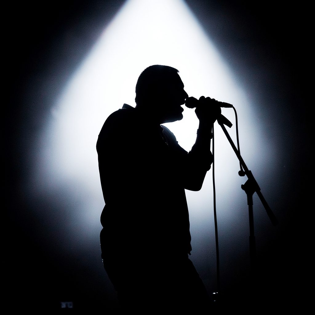 Silhouette of a rock vocalist gripping a microphone stand, backlit by bright white spotlight against a dark stage