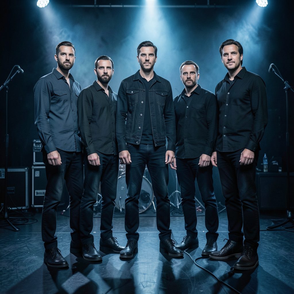 Saving Abel band group shot, five members standing together, dark clothing, moody stage lighting in blues and grays